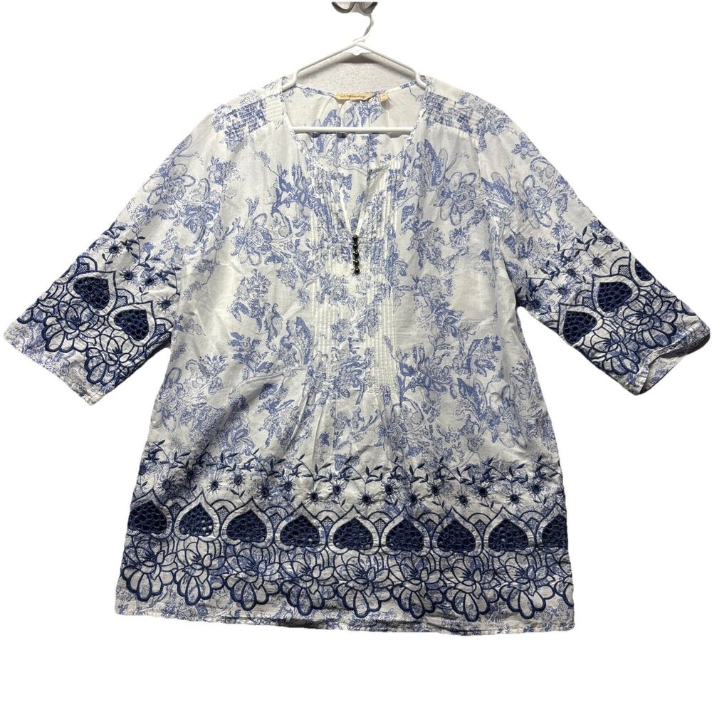 Soft Surroundings Nimes Tunic White & Blue Cotton Voile Toile Print Sz Petite L